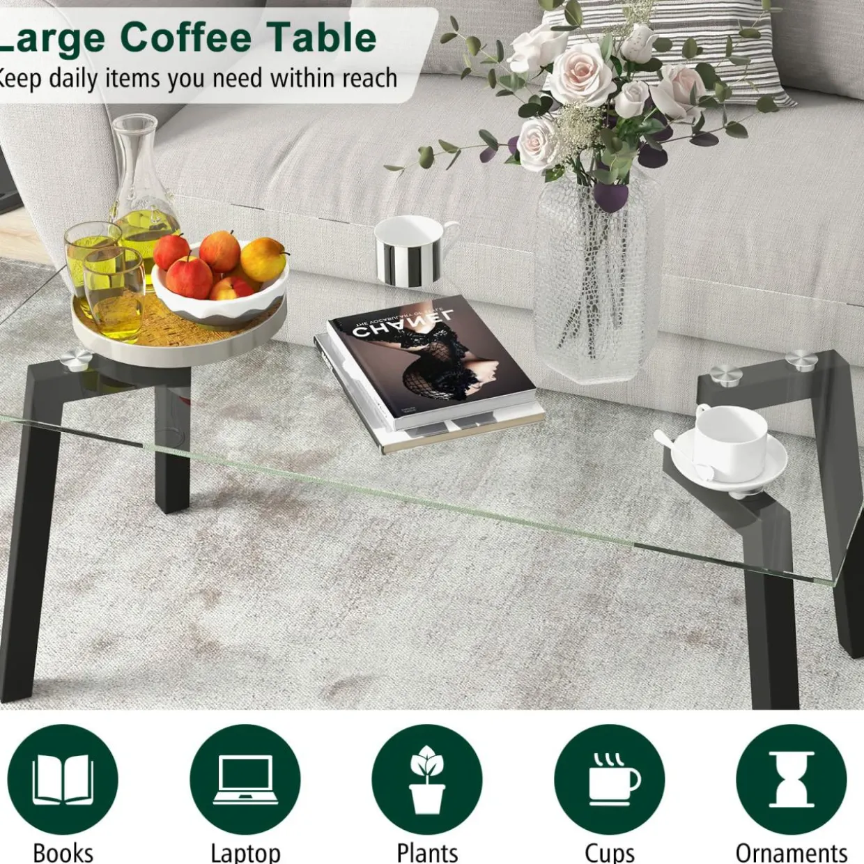 Tangkula Tempered Glass Coffee Table, Modern Cocktail Table, Clear Tea Table for Living Room Reception Office