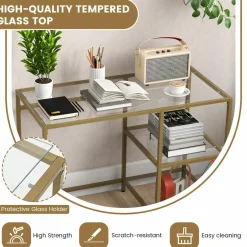 Tangkula Tempered Glass Computer Desk with 2-Tier Storage Shelves