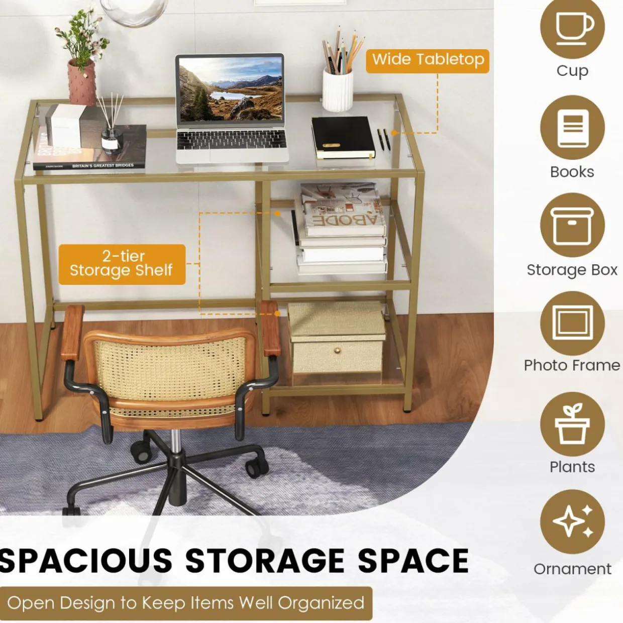 Tangkula Tempered Glass Computer Desk with 2-Tier Storage Shelves