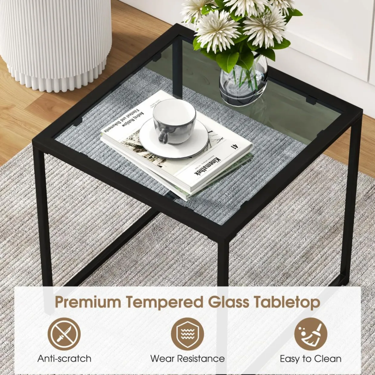 Tangkula Tempered Glass Top Side Table