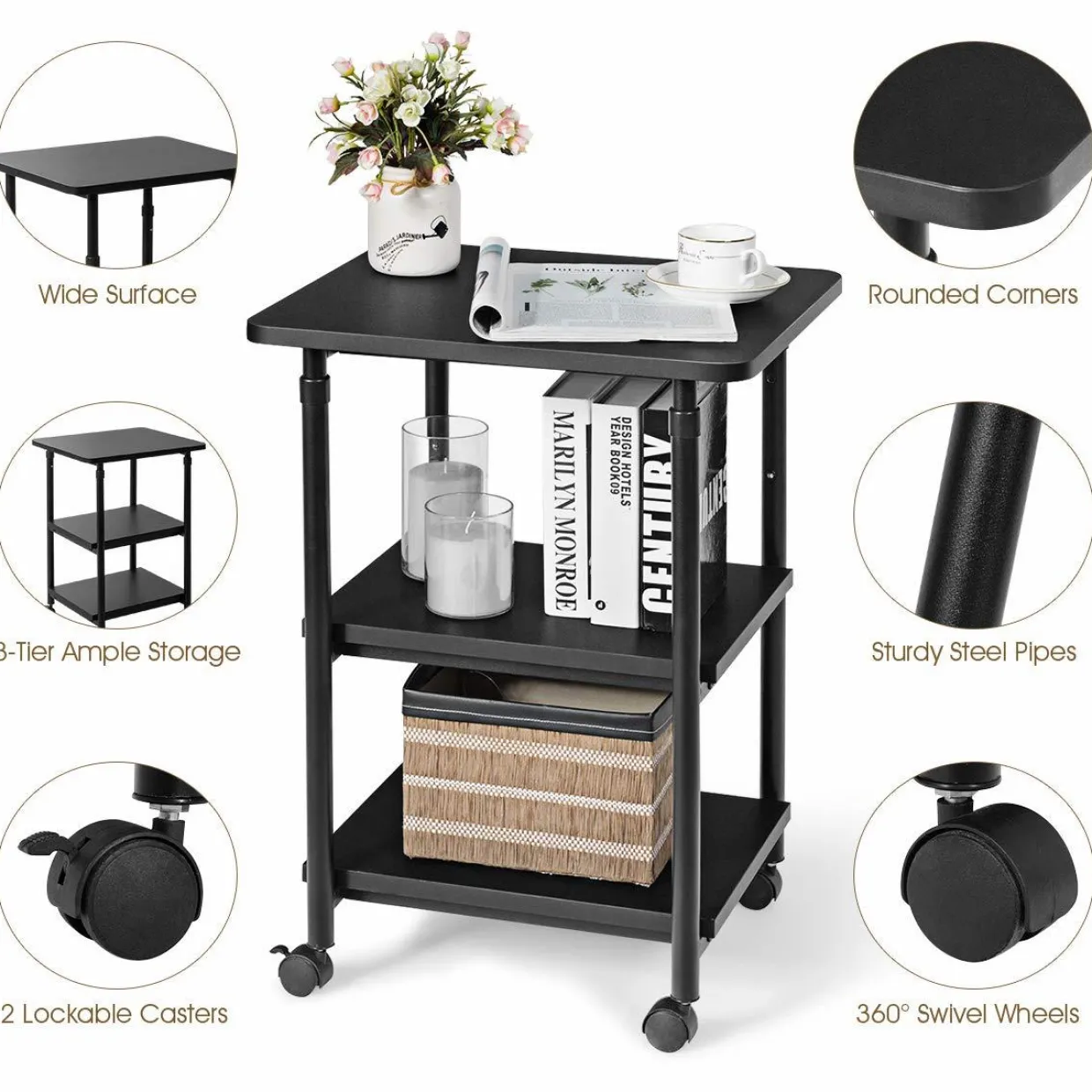 Tangkula 3-Tier Adjustable Printer Stand, Rolling Printer Cart with 2 Storage Shelves