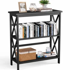 Tangkula 3-Tier Bookcase and Bookshelf, Wooden Open Shelf Bookcase, X-Design Etagere Bookshelf for Home Living Room Office