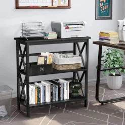 Tangkula 3-Tier Bookcase and Bookshelf, Wooden Open Shelf Bookcase, X-Design Etagere Bookshelf for Home Living Room Office