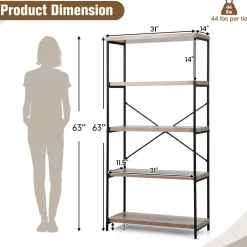 Tangkula 5-Tier Bookcase, Rustic Industrial Bookshelf