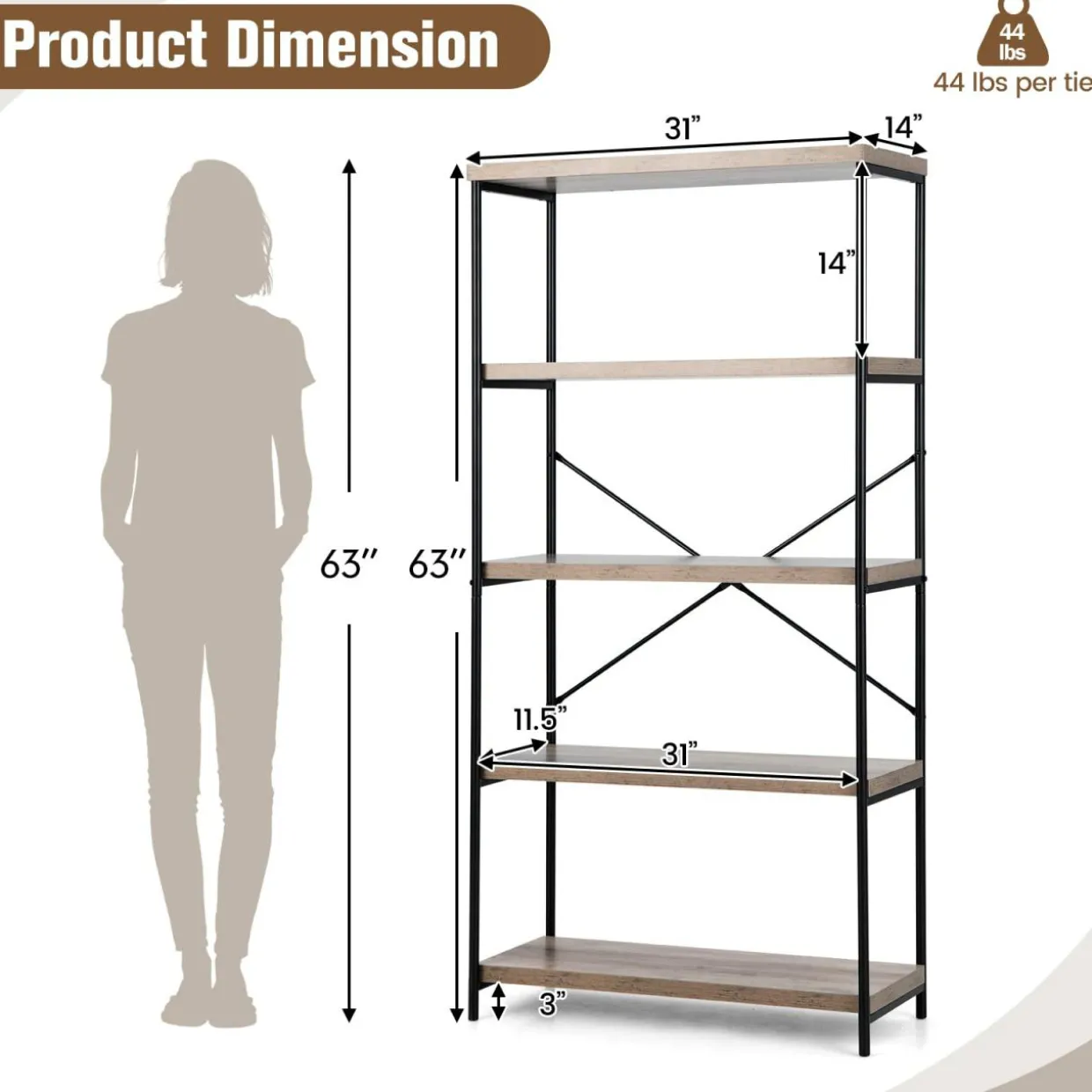 Tangkula 5-Tier Bookcase, Rustic Industrial Bookshelf