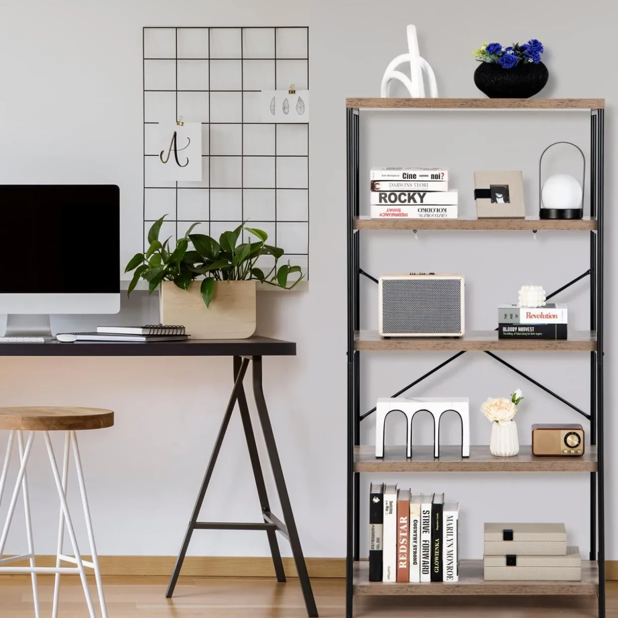 Tangkula 5-Tier Bookcase, Rustic Industrial Bookshelf