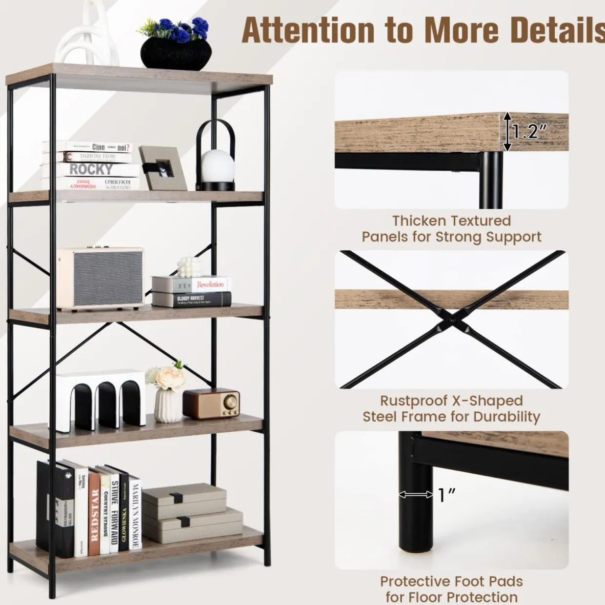 Tangkula 5-Tier Bookcase, Rustic Industrial Bookshelf