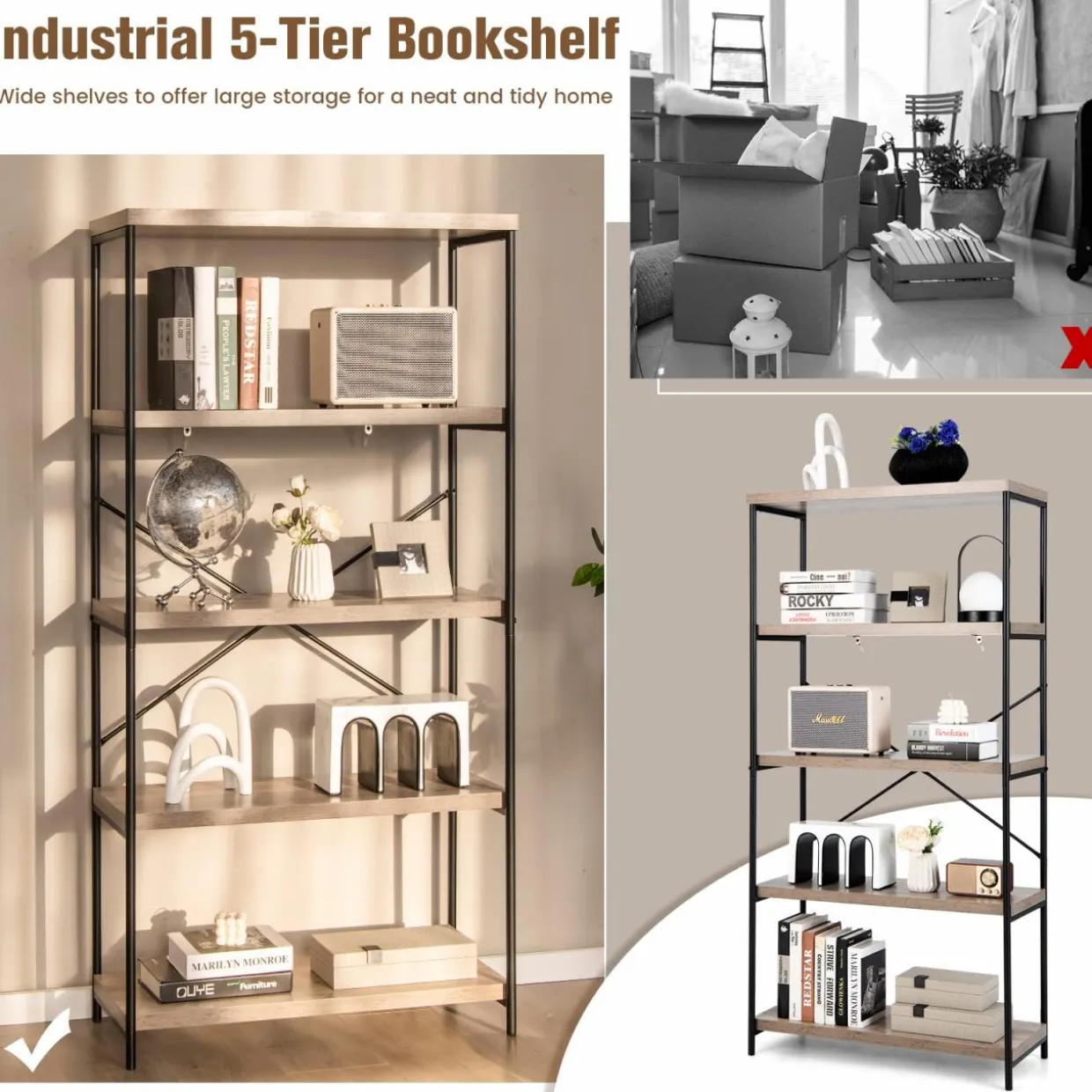 Tangkula 5-Tier Bookcase, Rustic Industrial Bookshelf
