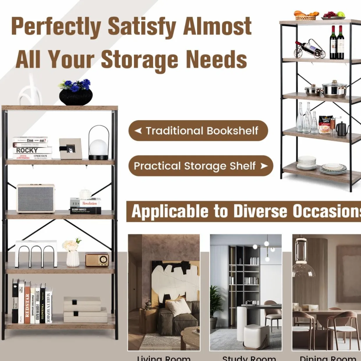 Tangkula 5-Tier Bookcase, Rustic Industrial Bookshelf