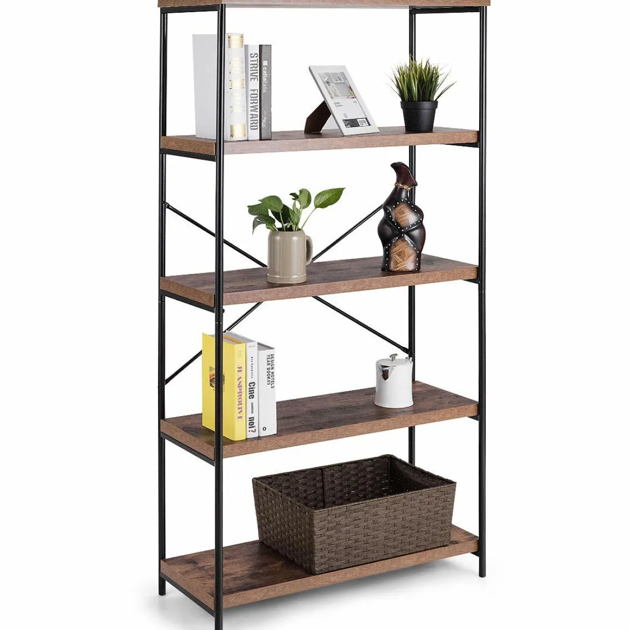 Tangkula 5-Tier Bookcase, Rustic Industrial Bookshelf