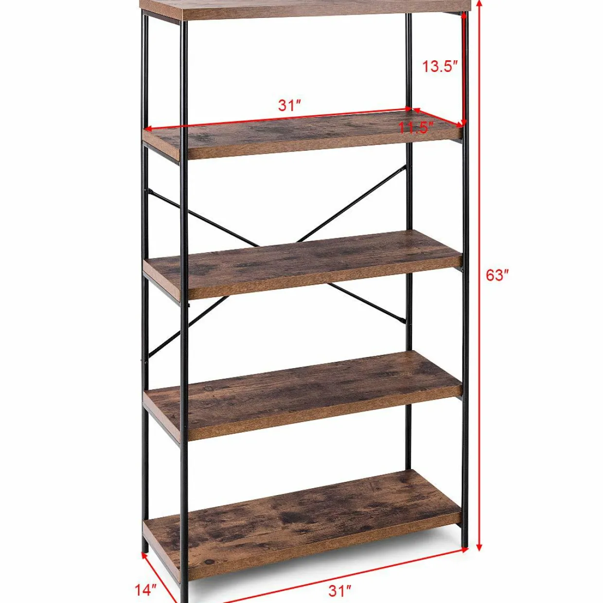 Tangkula 5-Tier Bookcase, Rustic Industrial Bookshelf