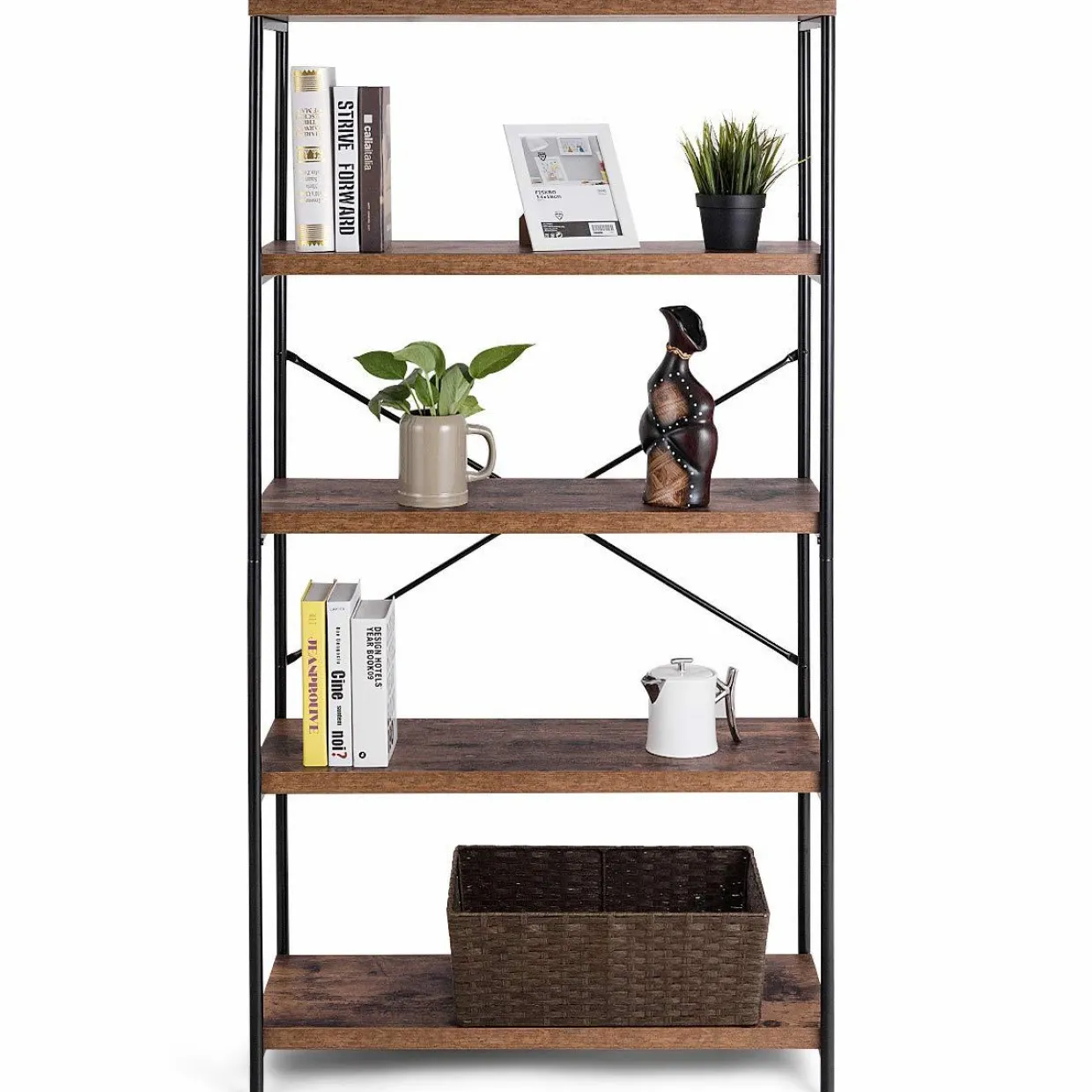 Tangkula 5-Tier Bookcase, Rustic Industrial Bookshelf