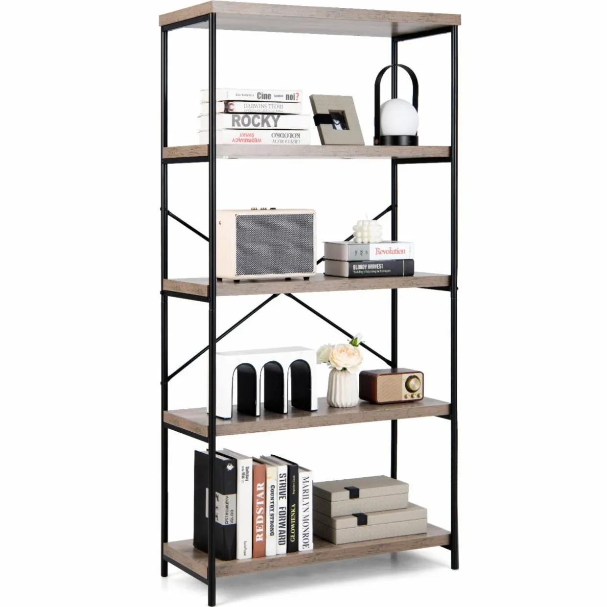 Tangkula 5-Tier Bookcase, Rustic Industrial Bookshelf