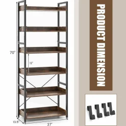 Tangkula 6-Tier Bookshelf, 70” Tall Industrial Bookcase w/Open Shelves & 4 Hooks