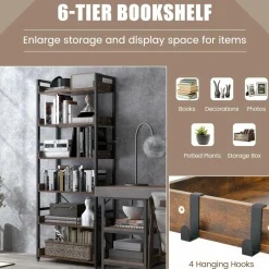 Tangkula 6-Tier Bookshelf, 70” Tall Industrial Bookcase w/Open Shelves & 4 Hooks