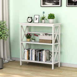 Tangkula 3-Tier Bookshelf, Vintage Wooden Bookcase with X-Style Frame