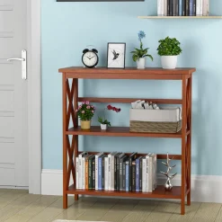Tangkula 3-Tier Bookshelf, Vintage Wooden Bookcase with X-Style Frame