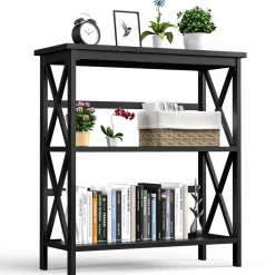 Tangkula 3-Tier Bookshelf, Vintage Wooden Bookcase with X-Style Frame