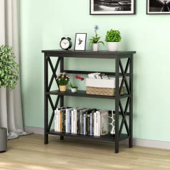Tangkula 3-Tier Bookshelf, Vintage Wooden Bookcase with X-Style Frame
