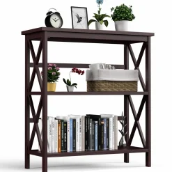 Tangkula 3-Tier Bookshelf, Vintage Wooden Bookcase with X-Style Frame
