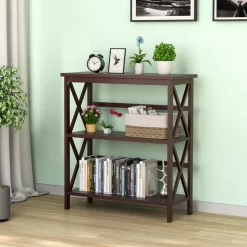 Tangkula 3-Tier Bookshelf, Vintage Wooden Bookcase with X-Style Frame