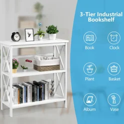 Tangkula 3-Tier Bookshelf, Vintage Wooden Bookcase with X-Style Frame