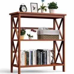 Tangkula 3-Tier Bookshelf, Vintage Wooden Bookcase with X-Style Frame