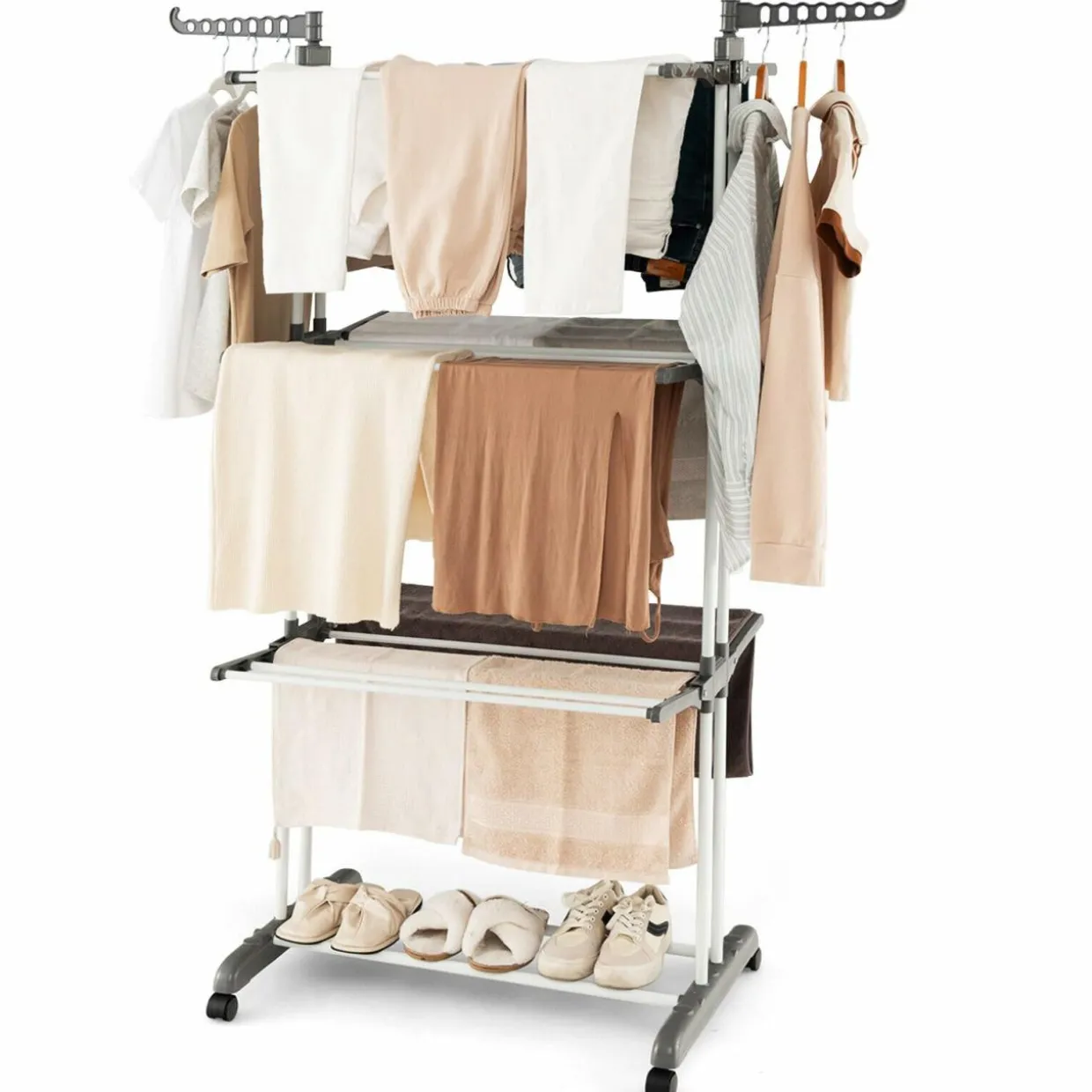 Tangkula 4-Tier Clothes Drying Rack, Collapsible Laundry Rack Stand with 2 Hanger Holders