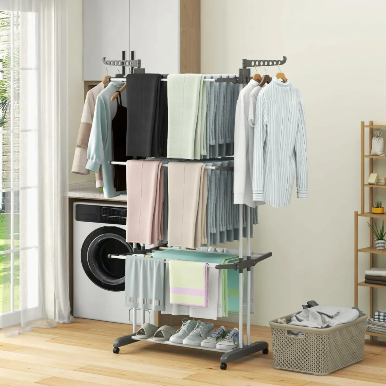 Tangkula 4-Tier Clothes Drying Rack, Collapsible Laundry Rack Stand with 2 Hanger Holders