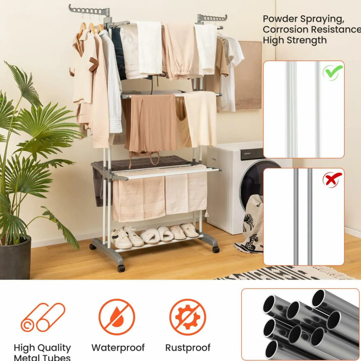 Tangkula 4-Tier Clothes Drying Rack, Collapsible Laundry Rack Stand with 2 Hanger Holders