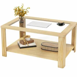 Tangkula 2-Tier Coffee Table, Rectangular Center Table with Tempered Glass Tabletop & Storage Shelf