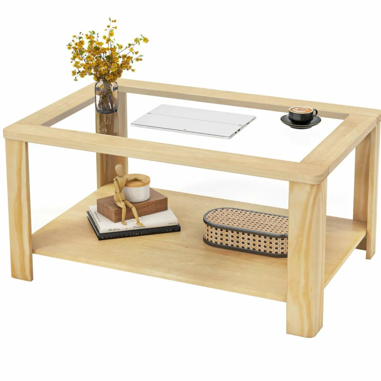 Tangkula 2-Tier Coffee Table, Rectangular Center Table with Tempered Glass Tabletop & Storage Shelf
