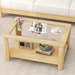 Tangkula 2-Tier Coffee Table, Rectangular Center Table with Tempered Glass Tabletop & Storage Shelf