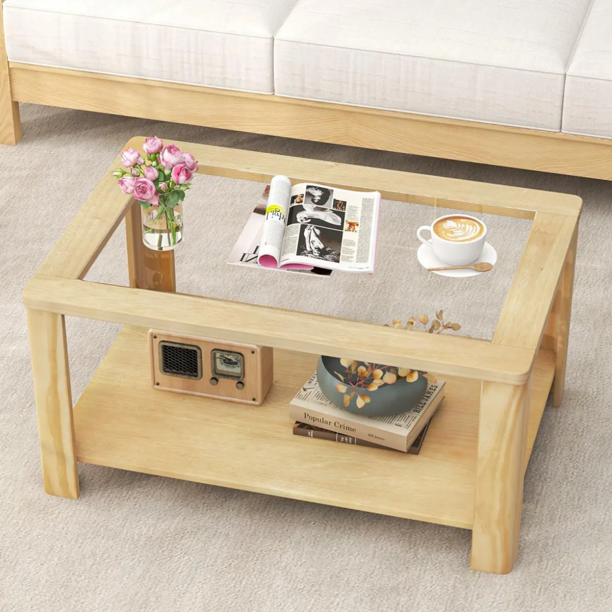 Tangkula 2-Tier Coffee Table, Rectangular Center Table with Tempered Glass Tabletop & Storage Shelf