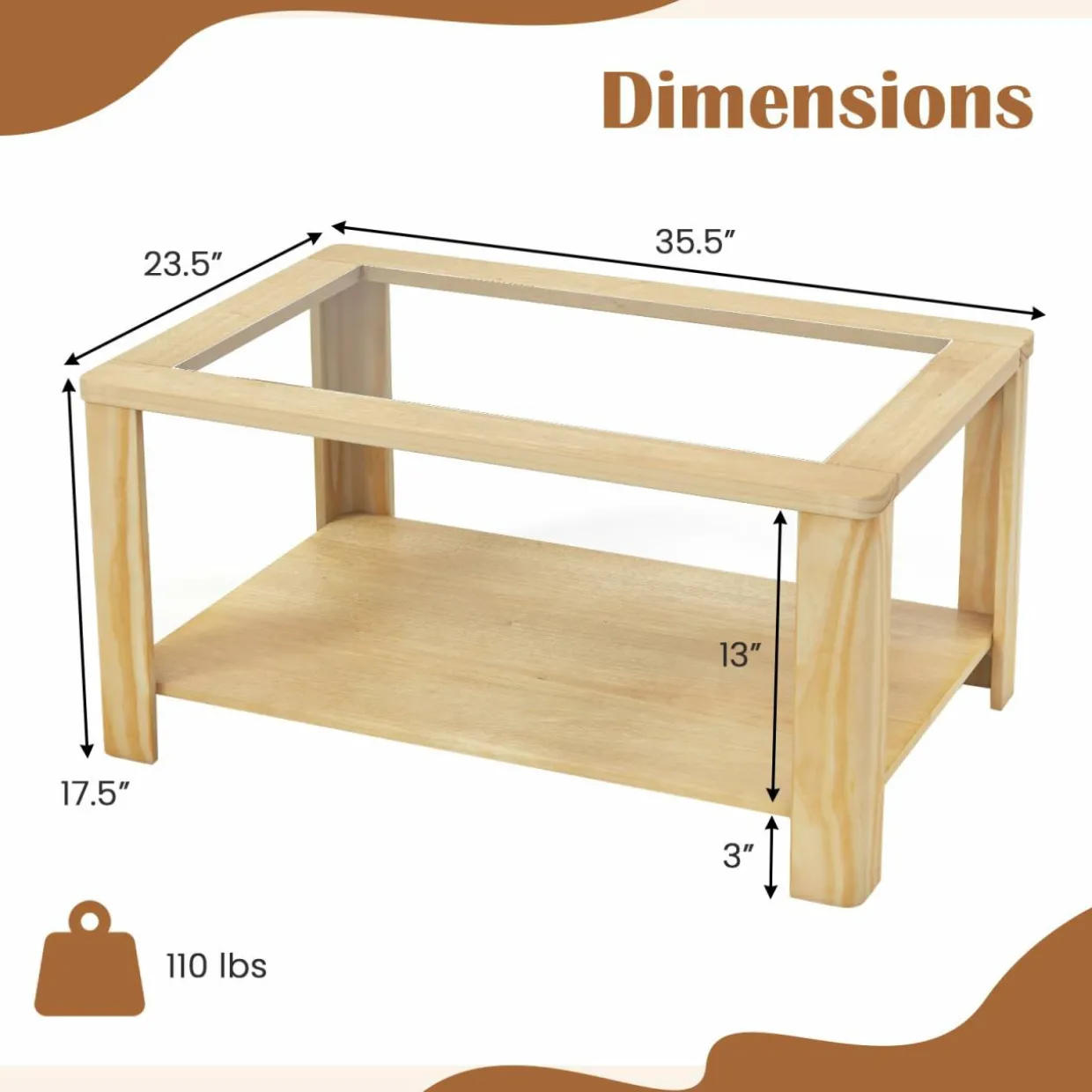 Tangkula 2-Tier Coffee Table, Rectangular Center Table with Tempered Glass Tabletop & Storage Shelf