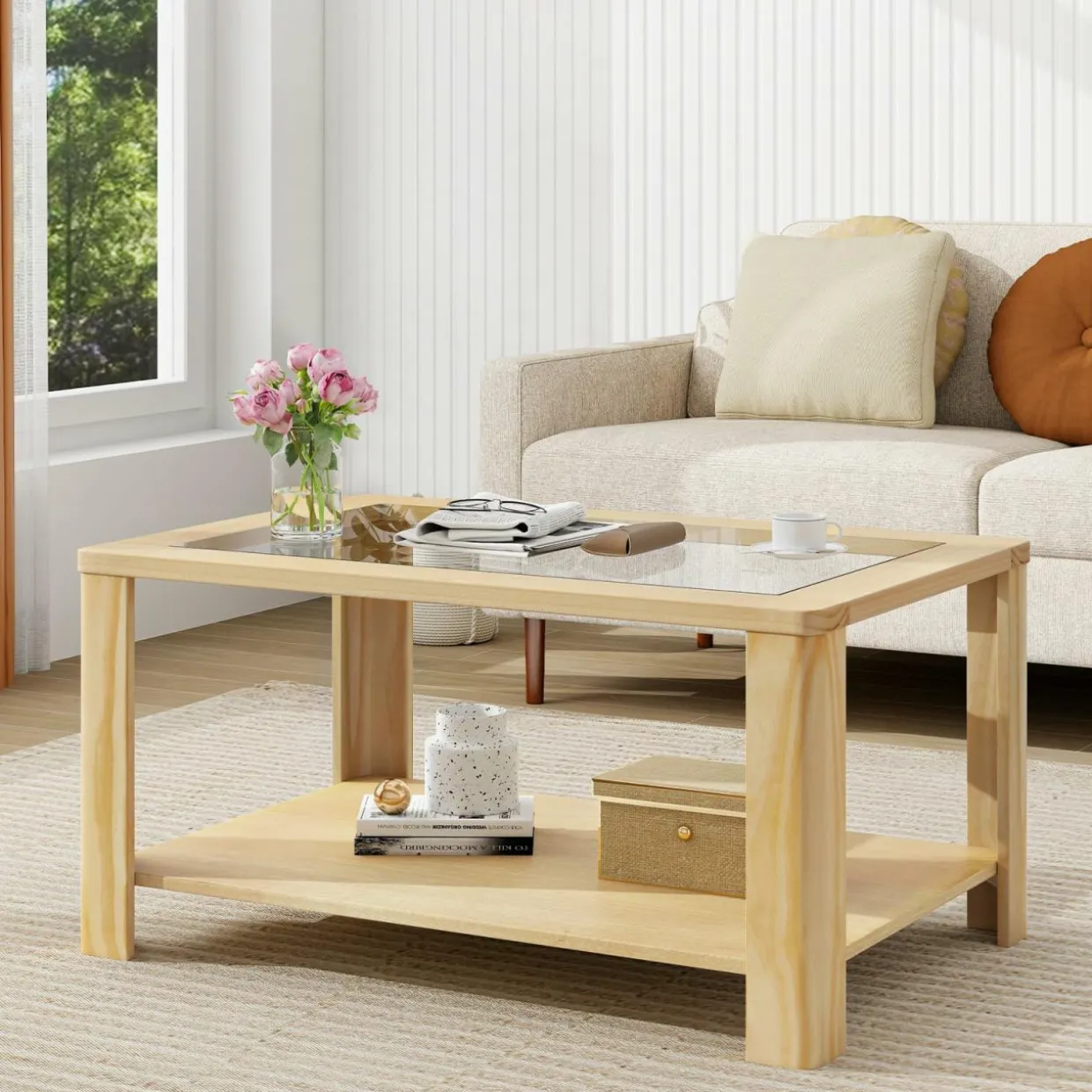Tangkula 2-Tier Coffee Table, Rectangular Center Table with Tempered Glass Tabletop & Storage Shelf