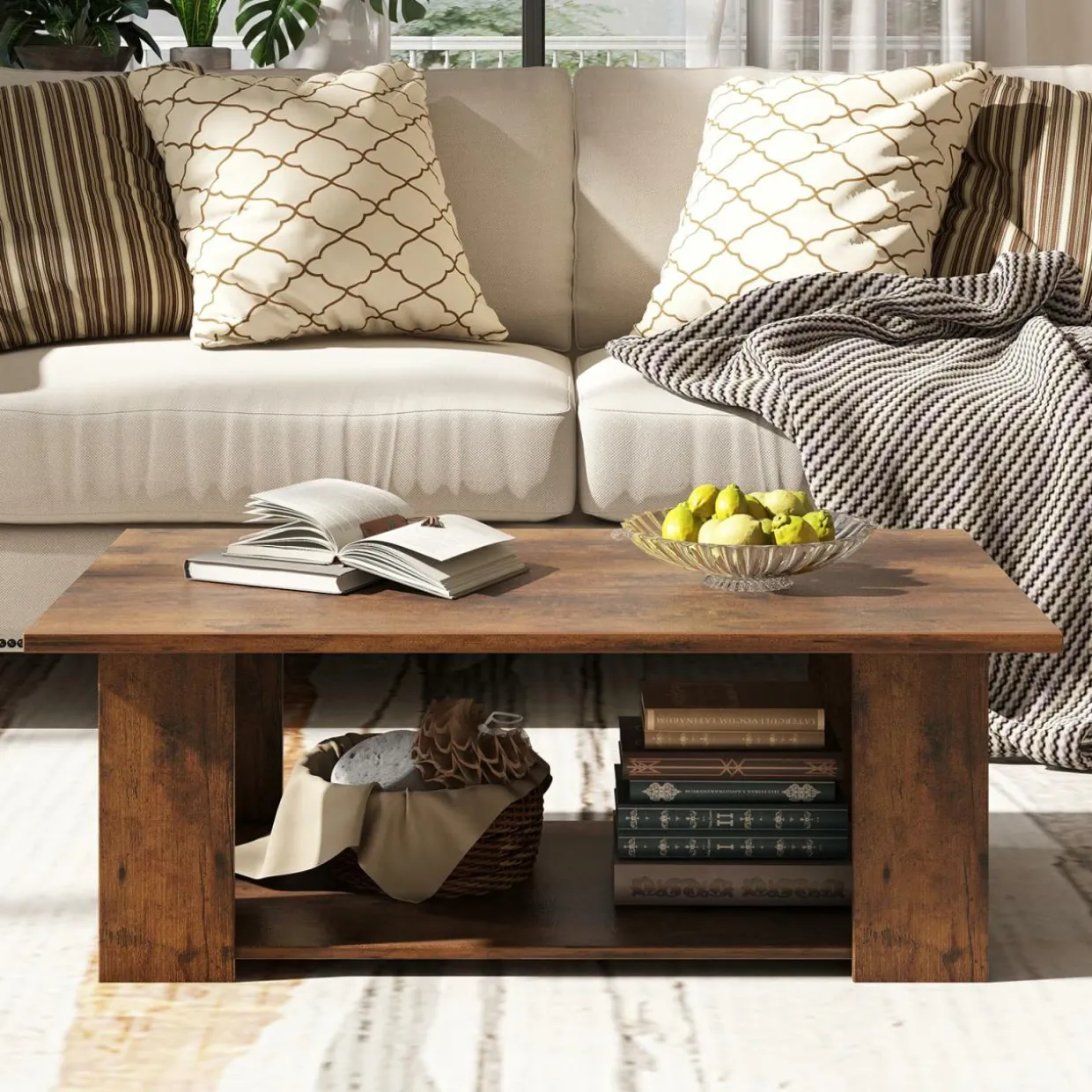 Tangkula 2-Tier Coffee Table, Modern Rectangular Center Cocktail Table with 5 Support Legs