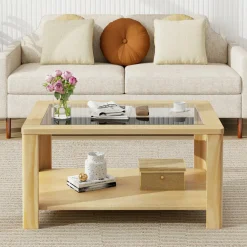 Tangkula 2-Tier Coffee Table, Rectangular Center Table with Tempered Glass Tabletop & Storage Shelf