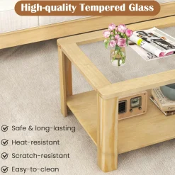 Tangkula 2-Tier Coffee Table, Rectangular Center Table with Tempered Glass Tabletop & Storage Shelf