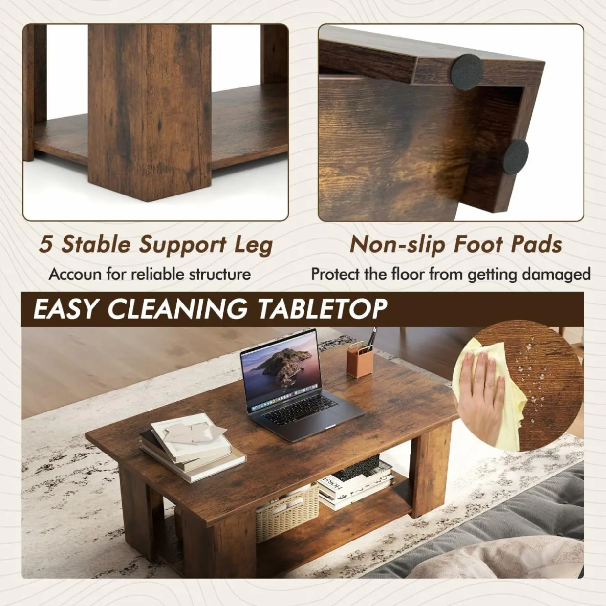 Tangkula 2-Tier Coffee Table, Modern Rectangular Center Cocktail Table with 5 Support Legs