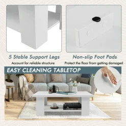 Tangkula 2-Tier Coffee Table, Center Cocktail Table with Large Tabletop & 5 Support Legs