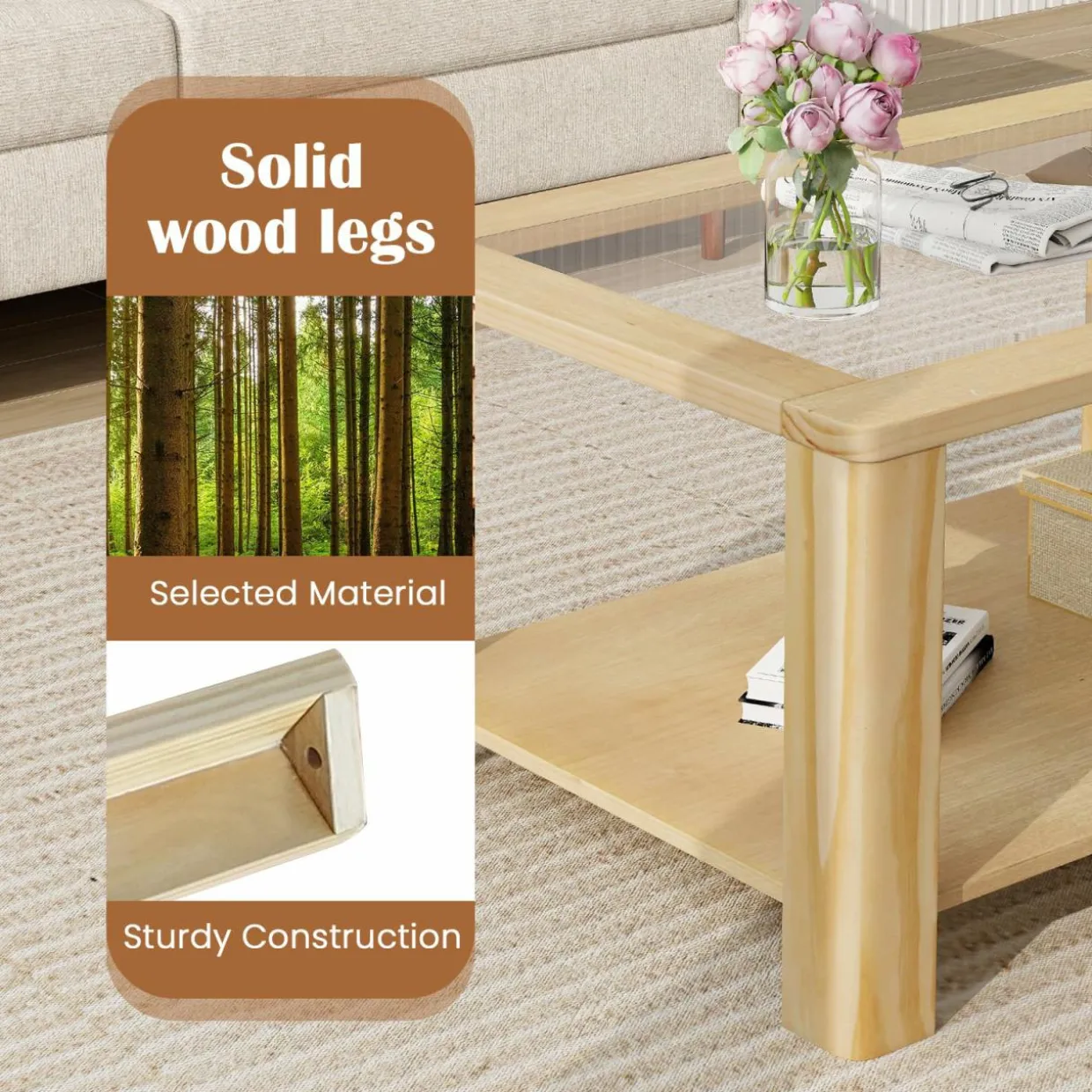Tangkula 2-Tier Coffee Table, Rectangular Center Table with Tempered Glass Tabletop & Storage Shelf