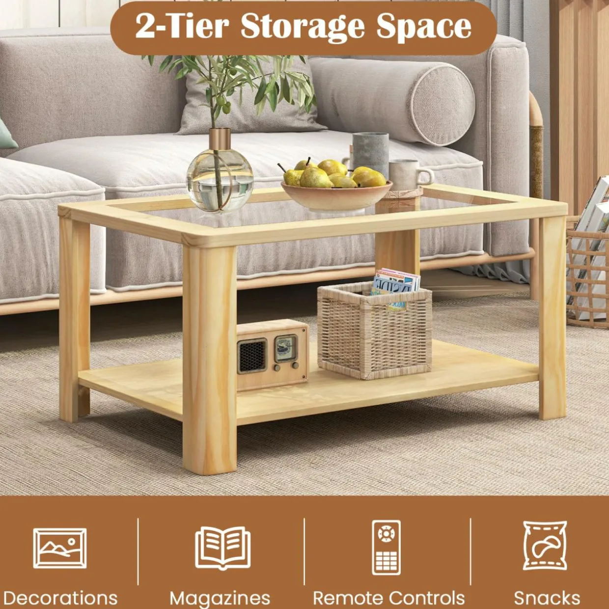 Tangkula 2-Tier Coffee Table, Rectangular Center Table with Tempered Glass Tabletop & Storage Shelf