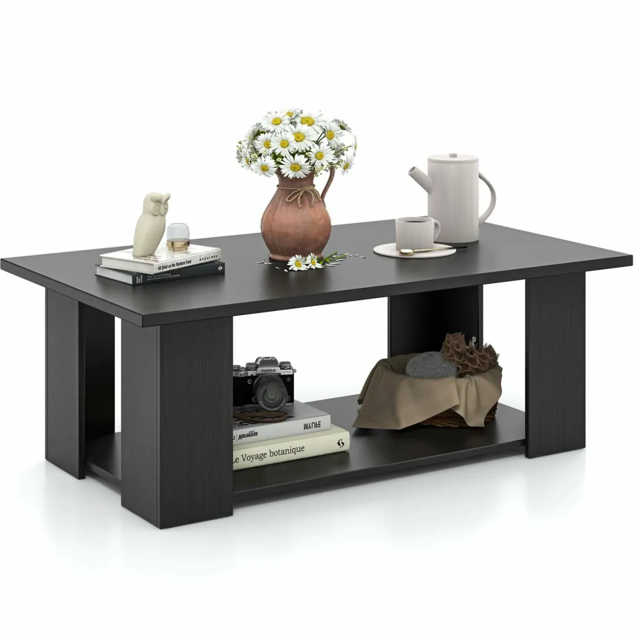 Tangkula 2-Tier Coffee Table, Modern Rectangular Center Cocktail Table with 5 Support Legs