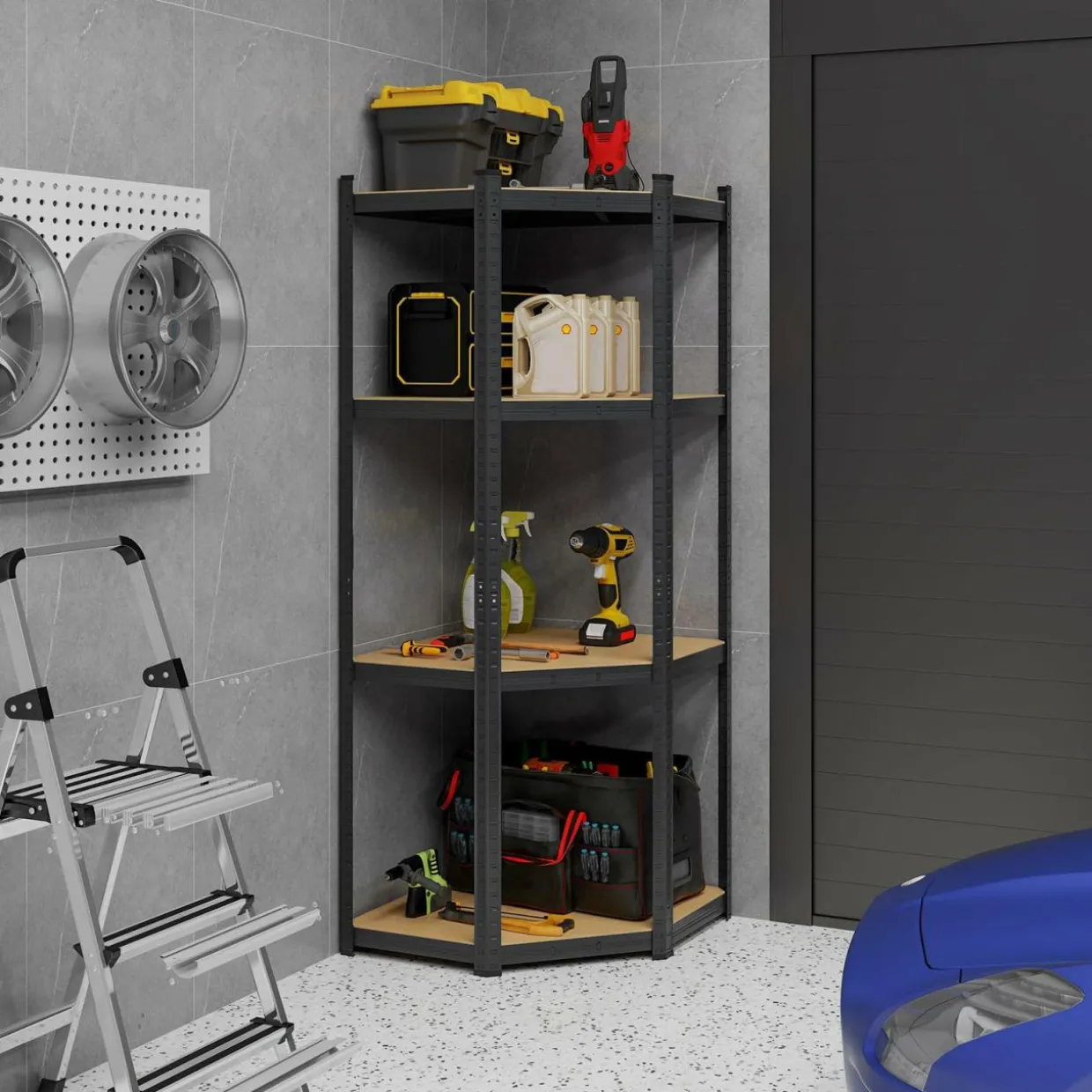 Tangkula 4-Tier Corner Shelving Unit, Adjustable Garage Storage Utility Rack, Load 1600 LBS Heavy Duty Metal Shelving Organizer