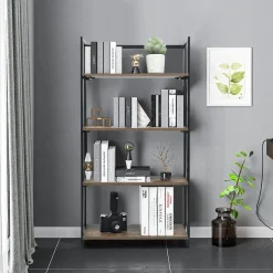 Tangkula 4-Tier Folding Bookshelf, No-Assembly Industrial Bookcase with Sturdy Iron Frame
