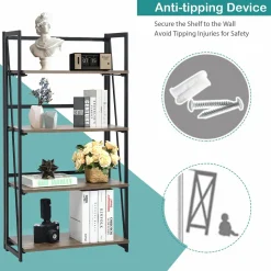 Tangkula 4-Tier Folding Bookshelf, No-Assembly Industrial Bookcase with Sturdy Iron Frame
