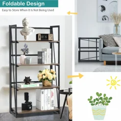 Tangkula 4-Tier Folding Bookshelf, No-Assembly Industrial Bookcase with Sturdy Iron Frame