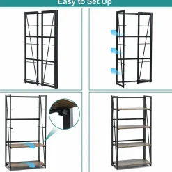 Tangkula 4-Tier Folding Bookshelf, No-Assembly Industrial Bookcase with Sturdy Iron Frame
