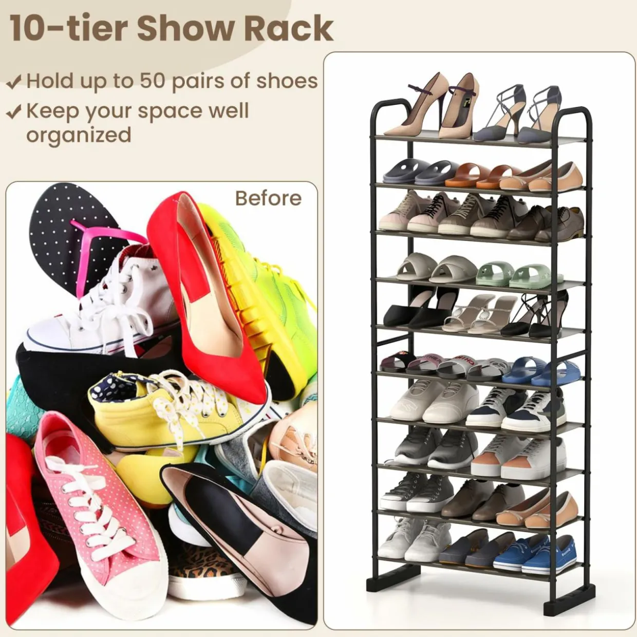 Tangkula 10-Tier Free Standing Shoes Rack, Space-saving Shoes Organizer Shoes Storage Stand
